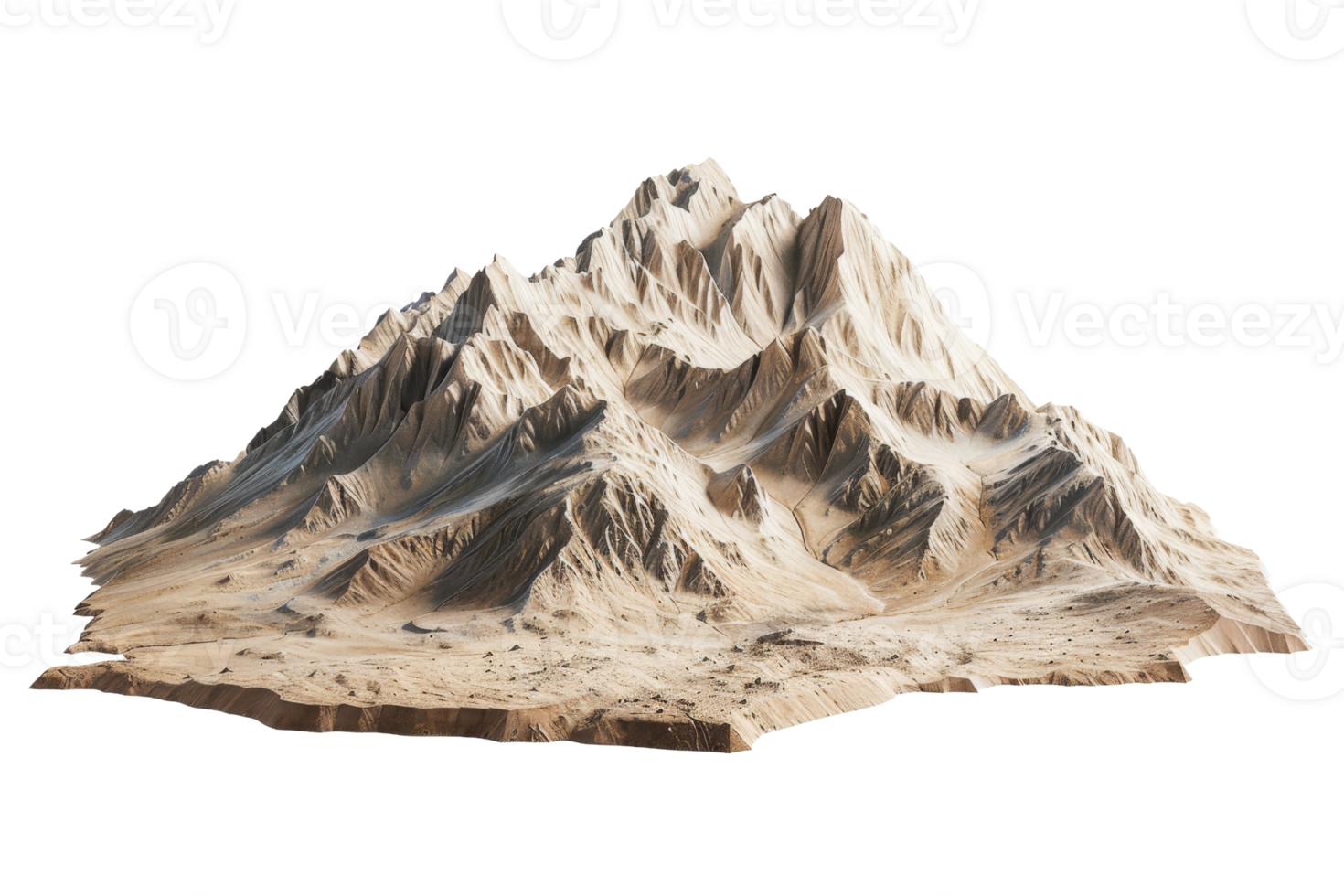 Realistic 3D model of a detailed mountain range with rugged peaks and rocky terrain, perfect for nature and landscape visualizations. png