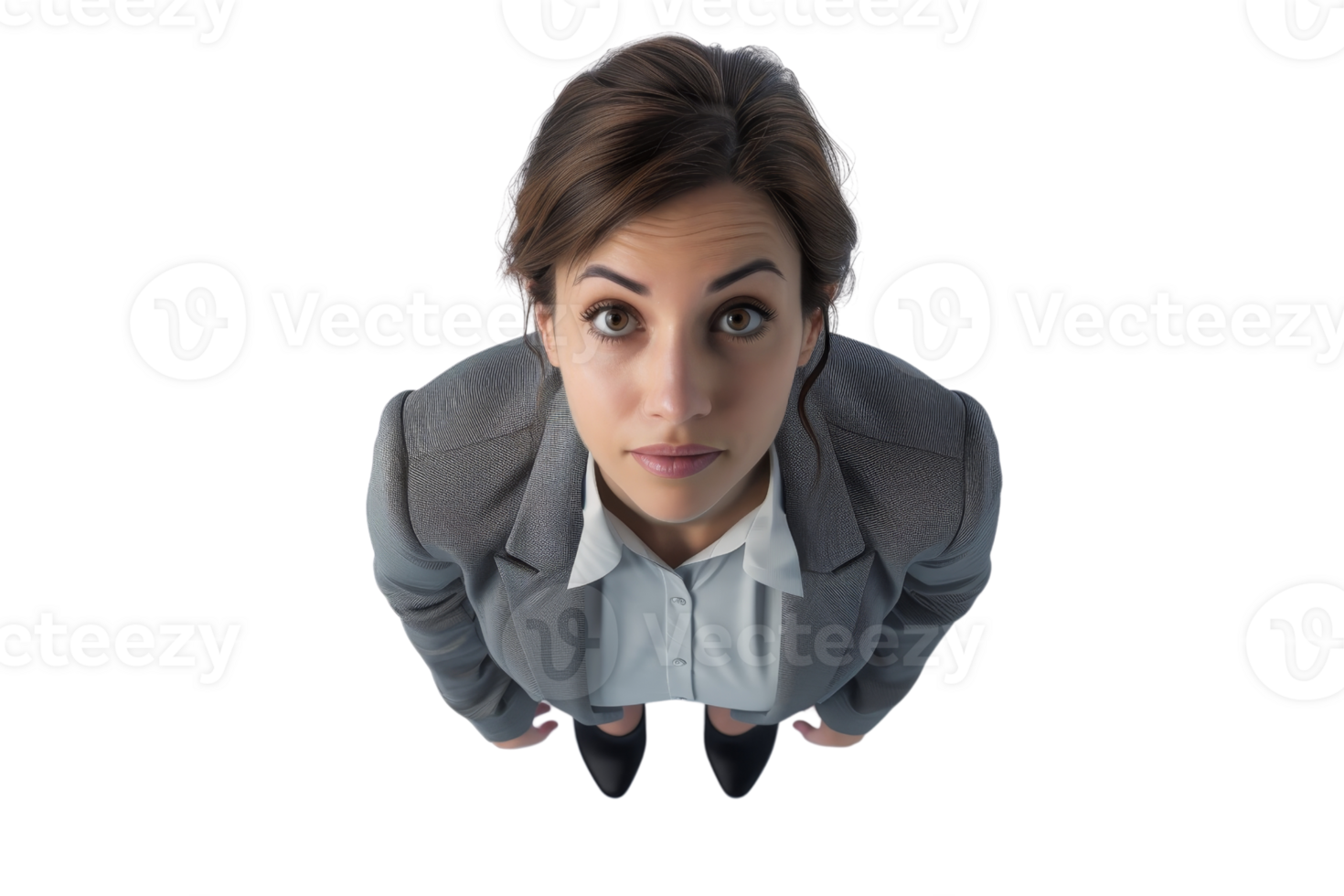 Top view of a businesswoman in formal attire looking up, representing aspiration and determination in a professional environment. png