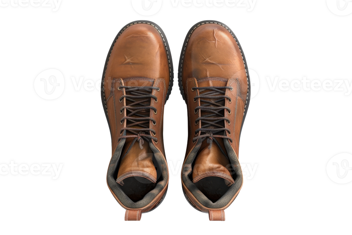 Top view of a pair of brown leather boots with laces, perfect for outdoor adventures and rugged fashion. Isolated on a transparent background. png