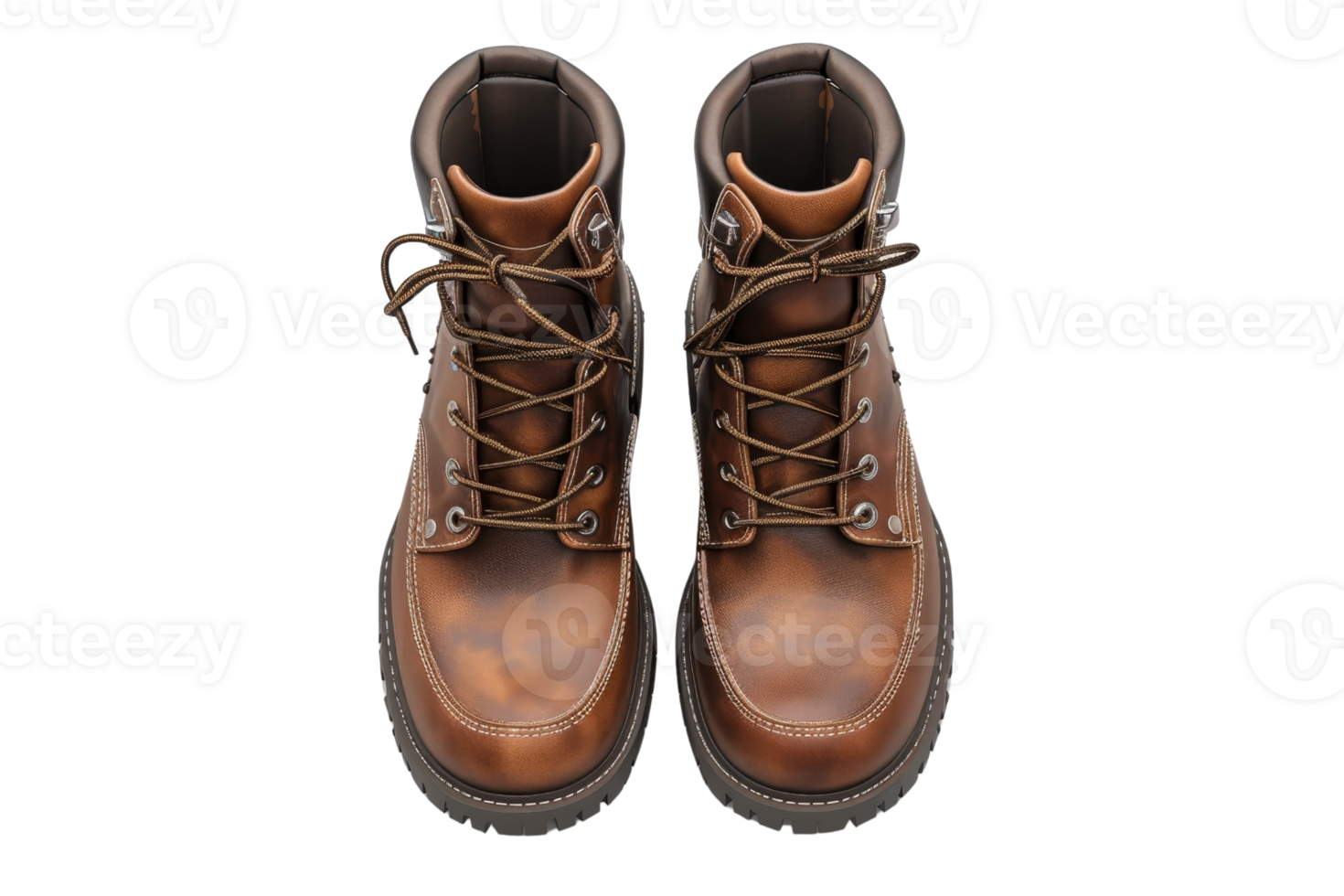 Top view of brown leather hiking boots with laces. Sturdy and durable footwear ideal for outdoor adventures and long walks. png