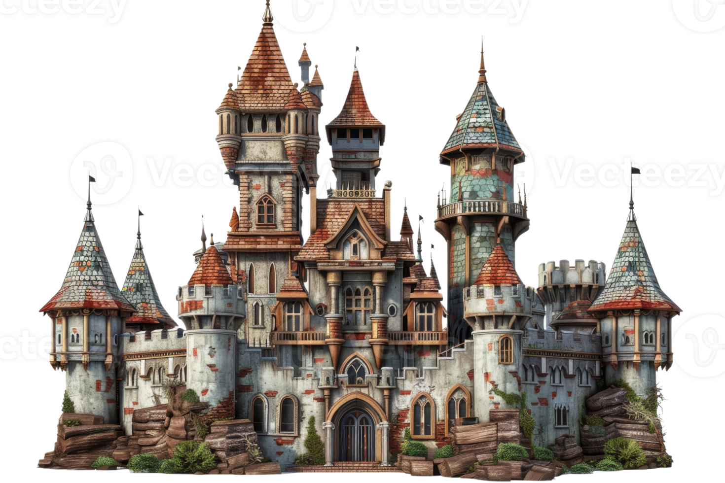 Stunning medieval castle with intricate towers and stone walls, perfect for fantasy-themed designs and historical references. png