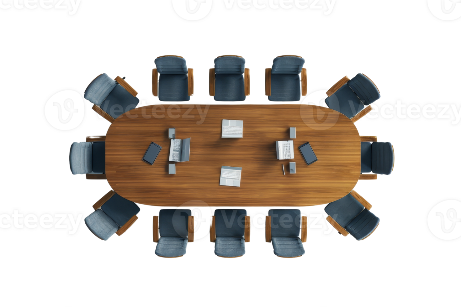 Top view of an empty conference table with chairs and documents, ideal for corporate meetings or business discussions. png