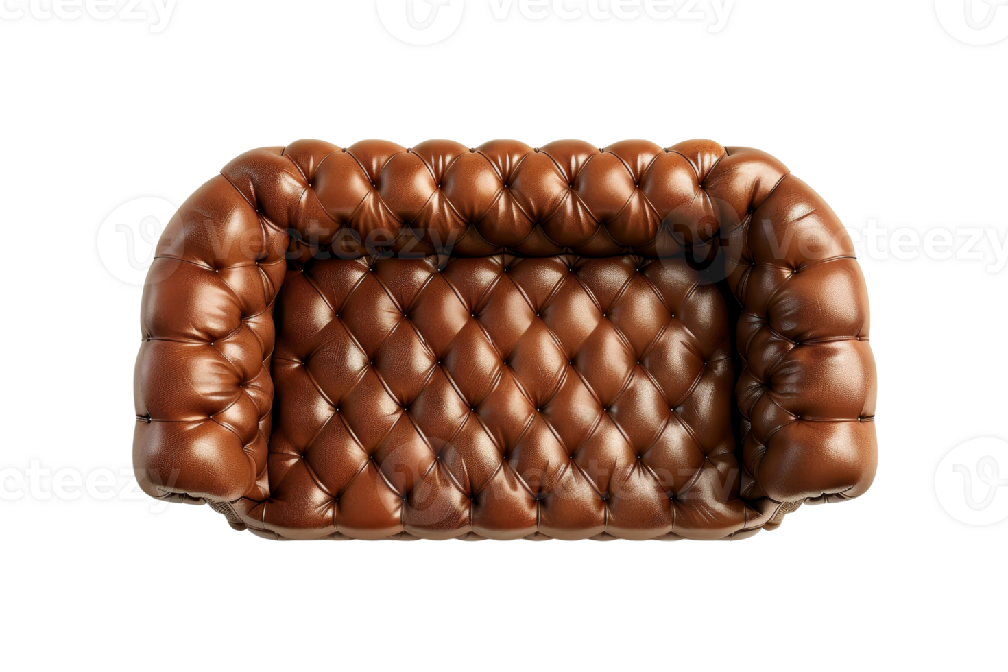 Top view of a luxurious brown leather Chesterfield sofa, showcasing elegant button-tufted upholstery and classic design, isolated on transparent background. png