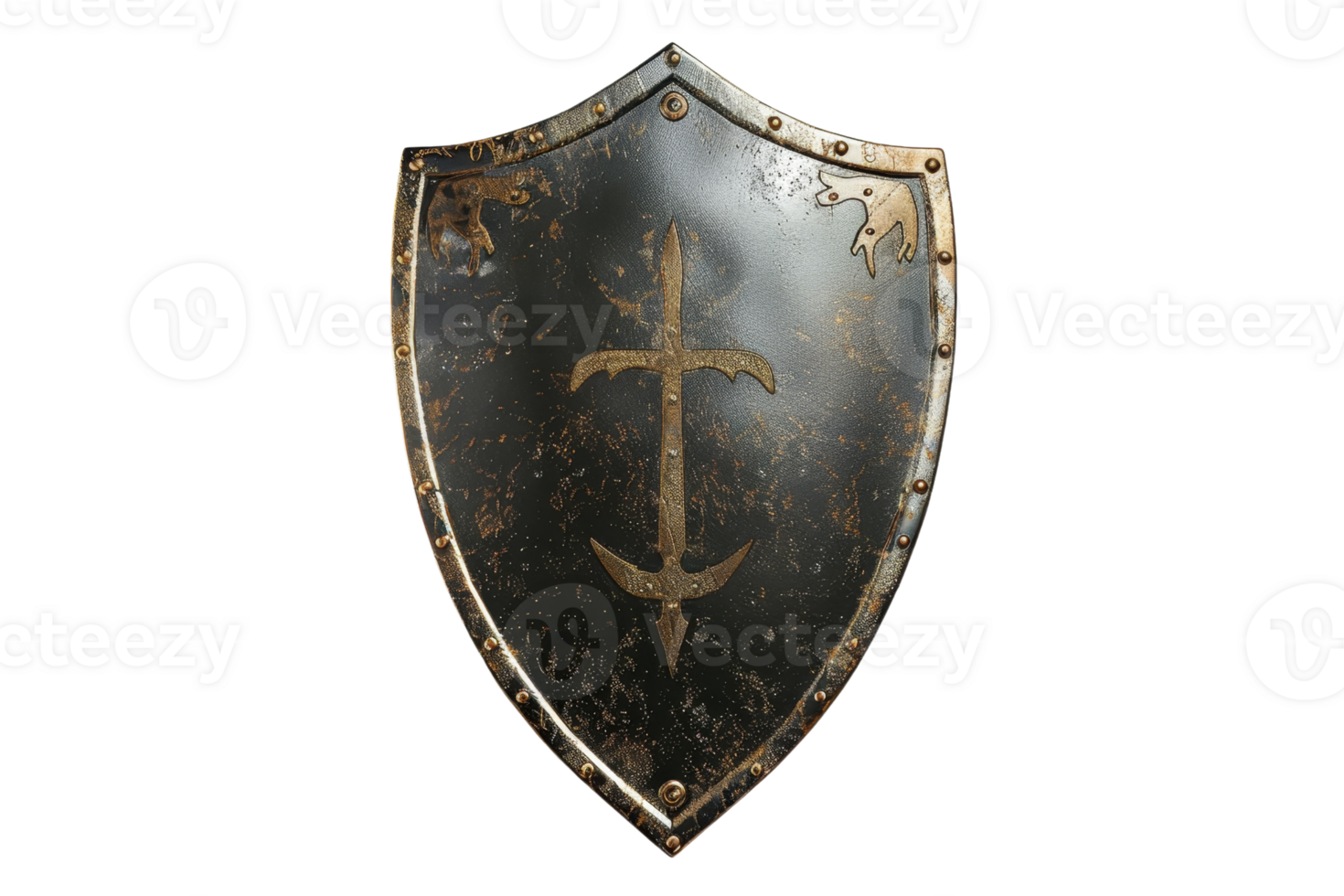 Vintage medieval shield with cross, worn and rusted, representing ancient armor, isolated on transparent background. symbol of protection. png