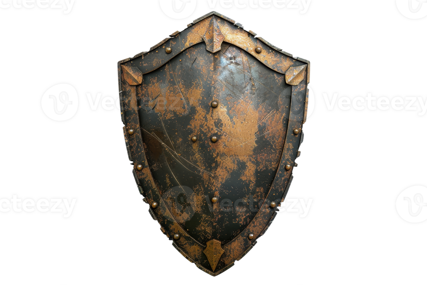 Vintage medieval metal shield with rust and wear, isolated on transparent background. Perfect for historical or fantasy-themed designs and illustrations. png