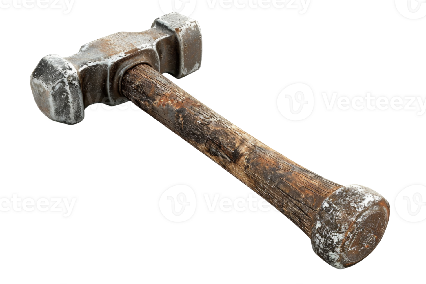 A close-up image of a rustic sledgehammer with a worn wooden handle and metal head, showing signs of heavy use and weathering. png