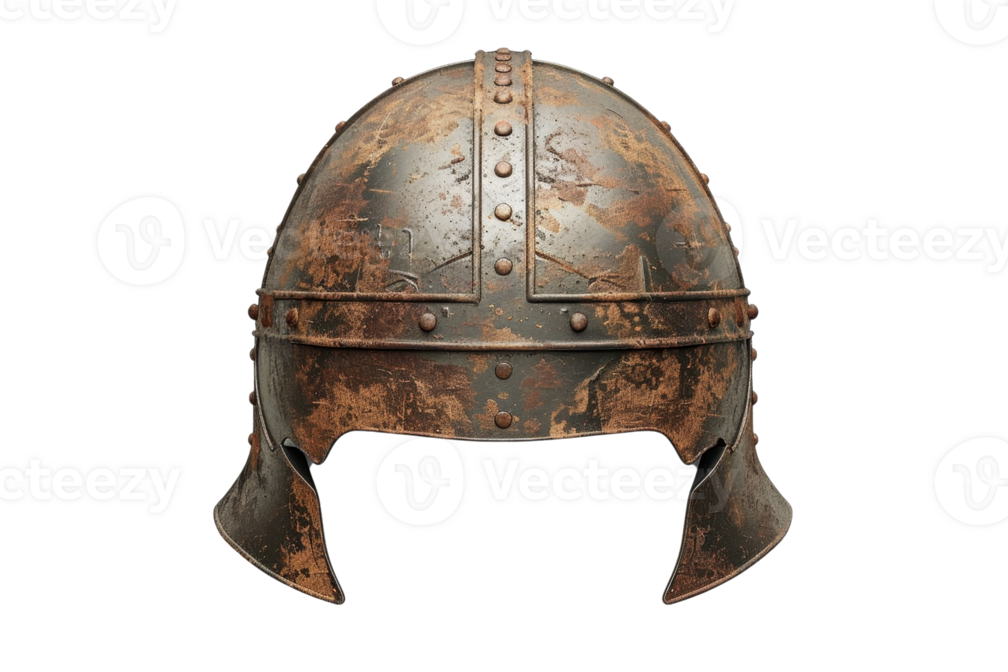 Vintage medieval iron helmet with rusted texture on transparent background. showcasing historical armor design, perfect for historical themes. png