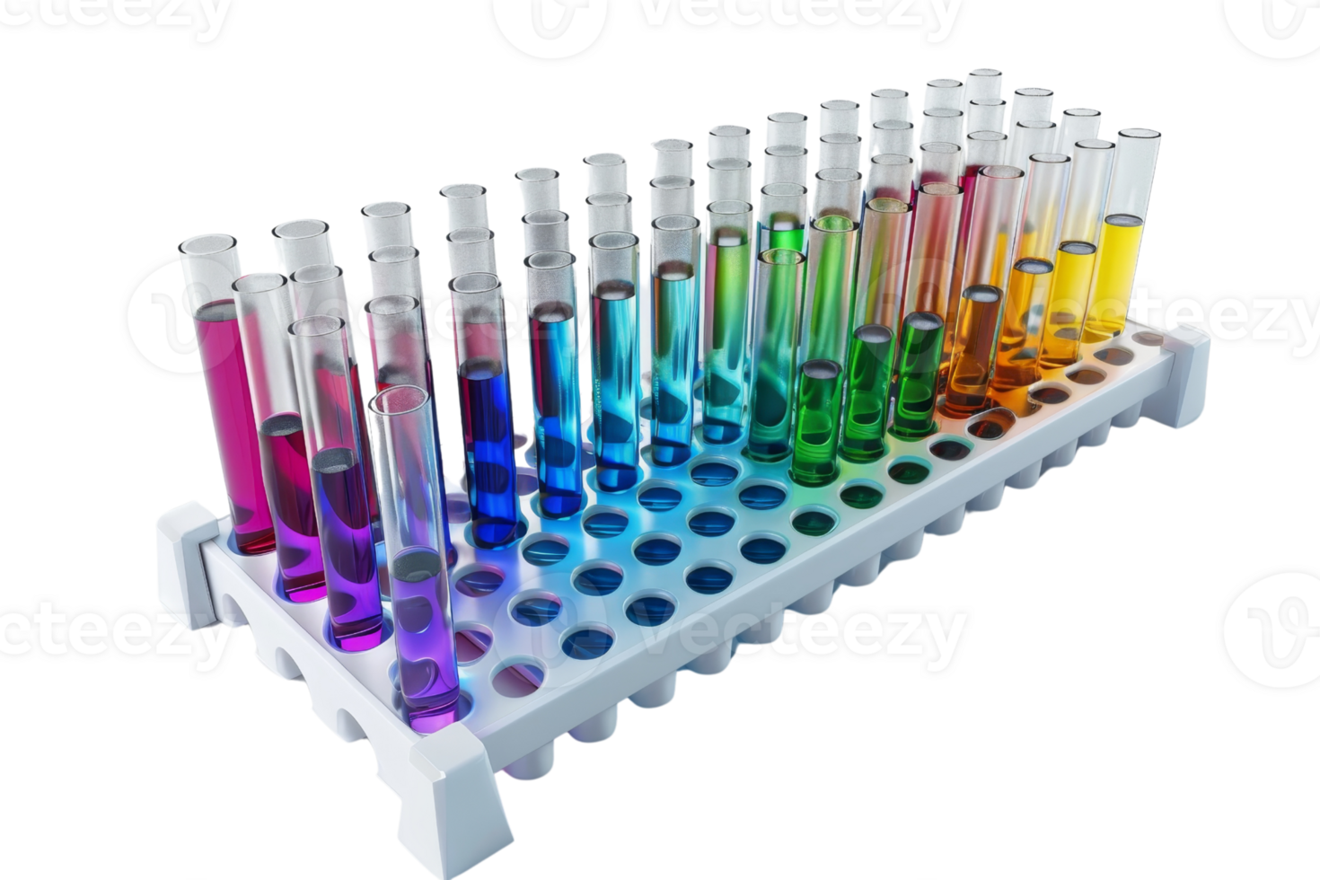 A row of test tubes with colorful chemical liquids arranged in a holder, representing science, research, and laboratory work. png
