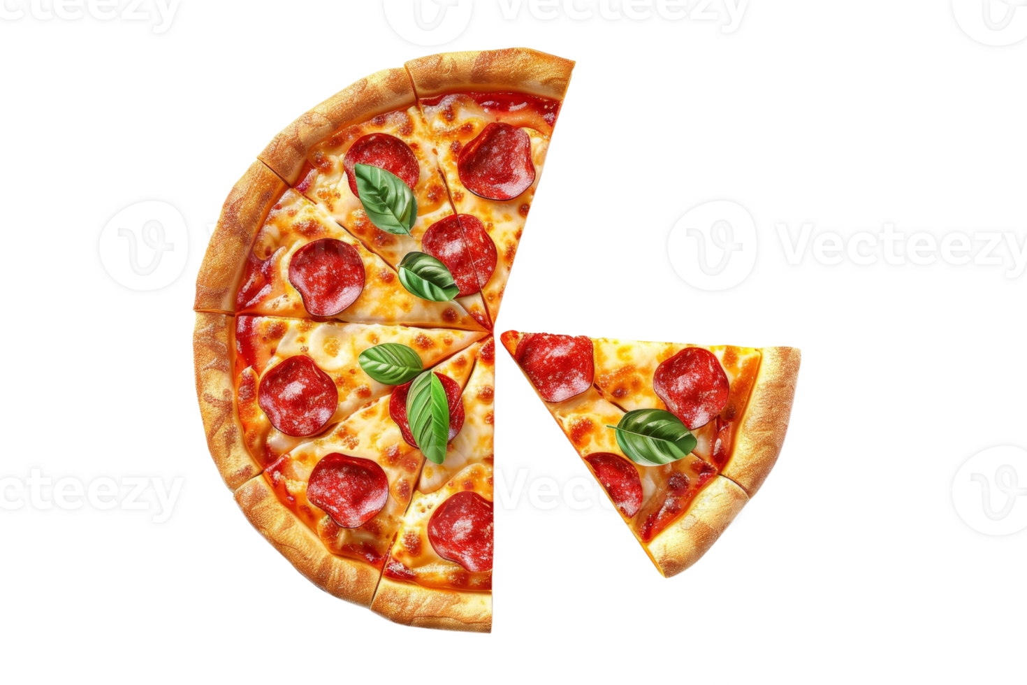 A delicious pepperoni pizza with a slice removed, showcasing melted cheese, fresh basil, and crispy crust. Perfect for food lovers. png