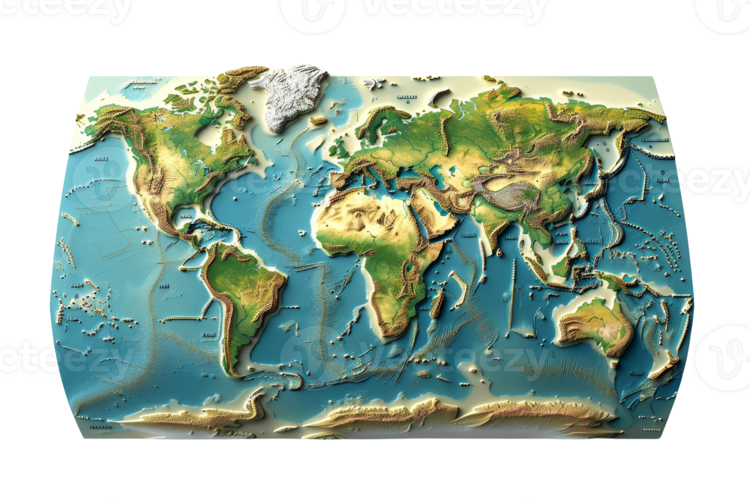 3D world map highlighting continents and oceans with topography and geographical features, perfect for educational and reference purposes. png