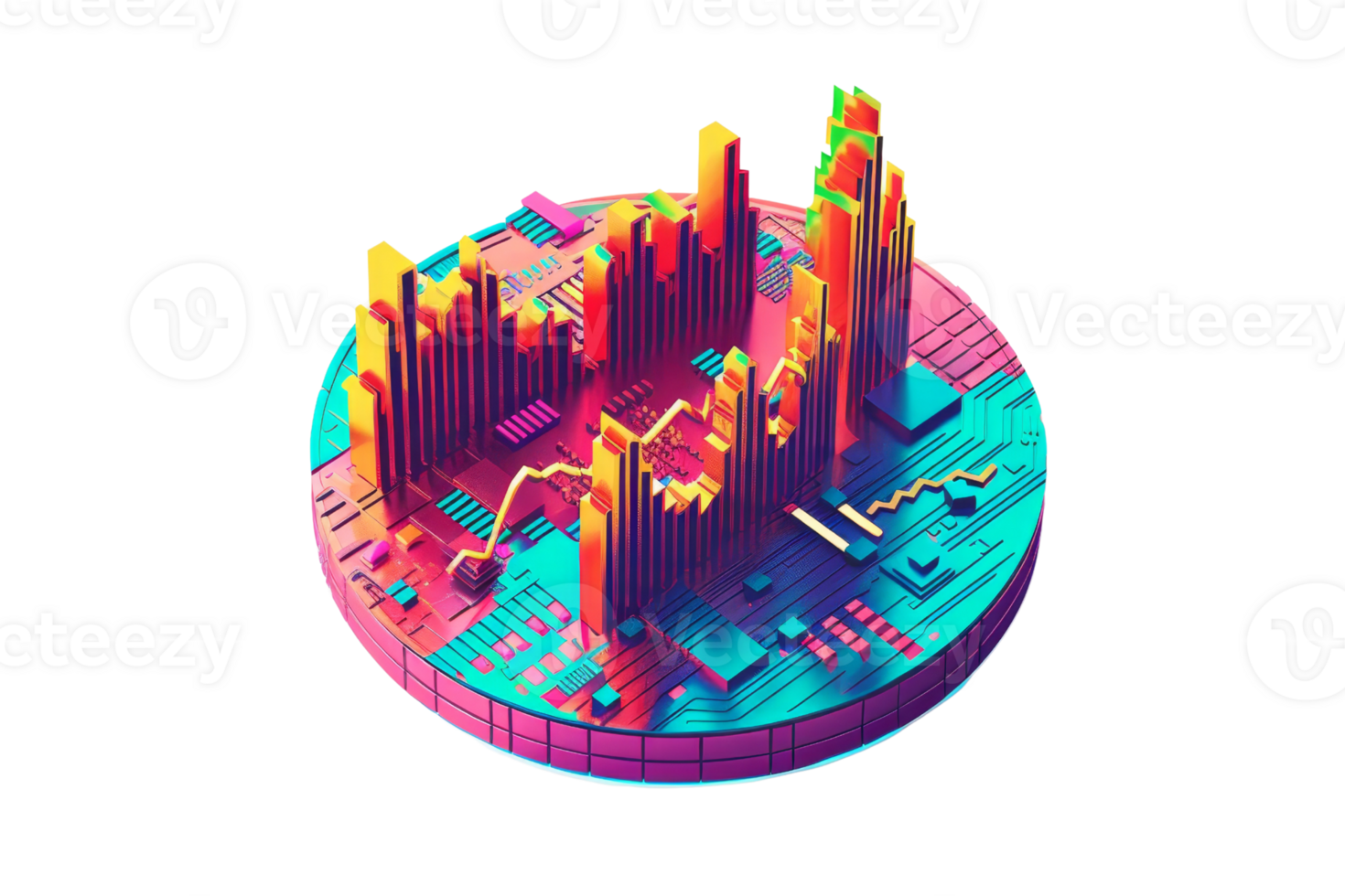 Abstract 3D city model with vibrant colors and futuristic design, showcasing urban architecture and skyscrapers. png
