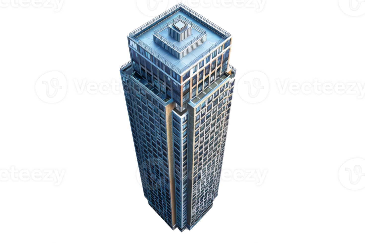 Aerial view of a tall modern skyscraper with glass windows and a blue rooftop, illustrating urban architecture and commercial real estate. png