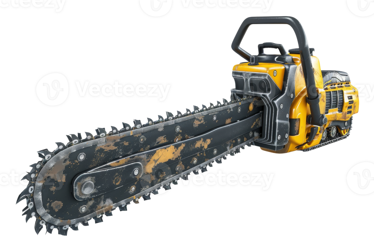 Close-up of a heavy-duty yellow and black chainsaw isolated on a transparent background. showcasing its blade and design. png