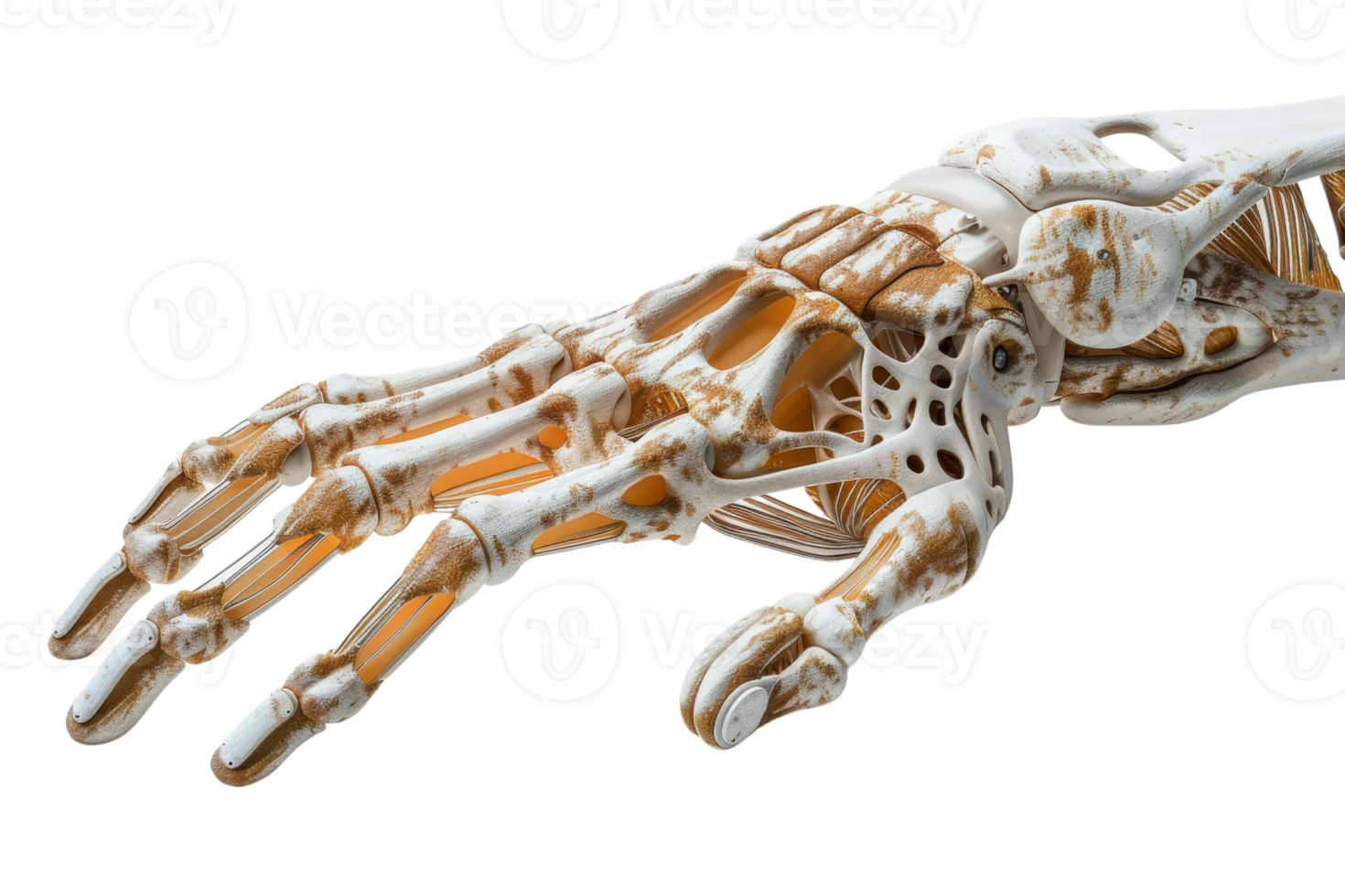 Close-up of a human hand skeleton showing detailed bone structure, isolated on transparent background. Perfect for medical and educational purposes. png