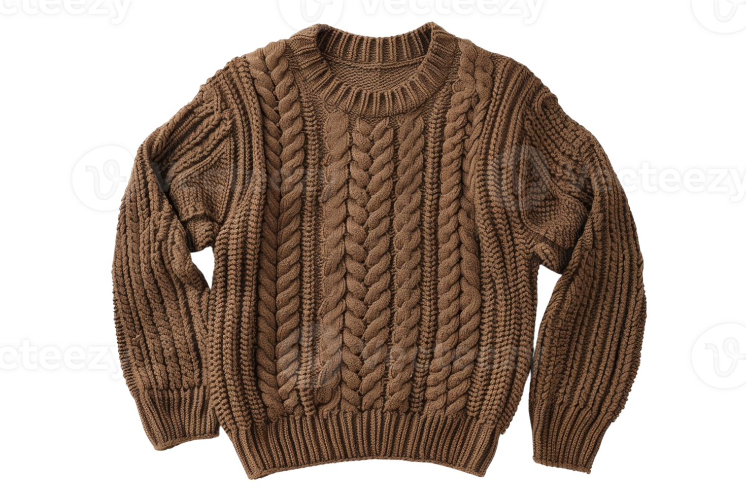 Brown knitted sweater with intricate cable patterns, perfect for cozy autumn and winter days. Stylish, warm, and comfortable for casual wear. png