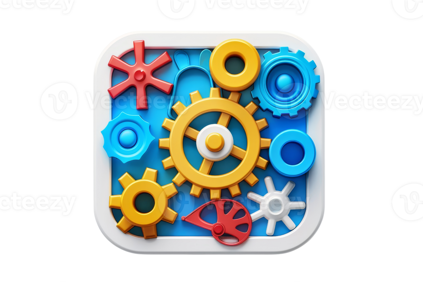 Colorful gears and cogs arranged creatively, symbolizing teamwork and engineering concepts in a vibrant, abstract representation. png
