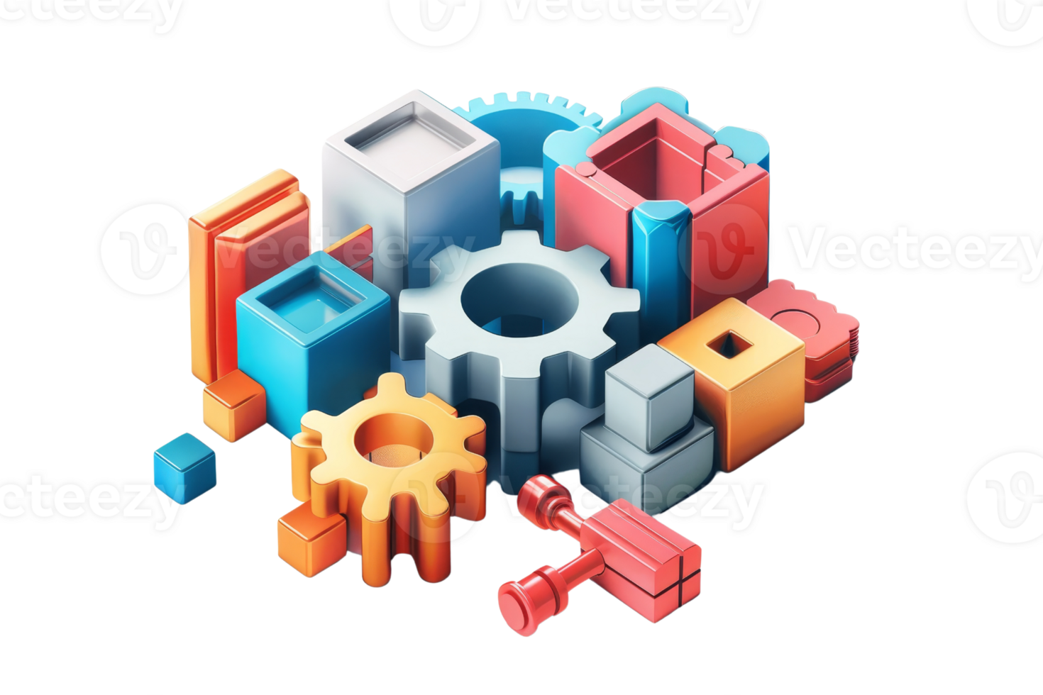 Colorful 3D geometric shapes and gears, technology and engineering concept. Abstract design elements for creative industry and innovation. png
