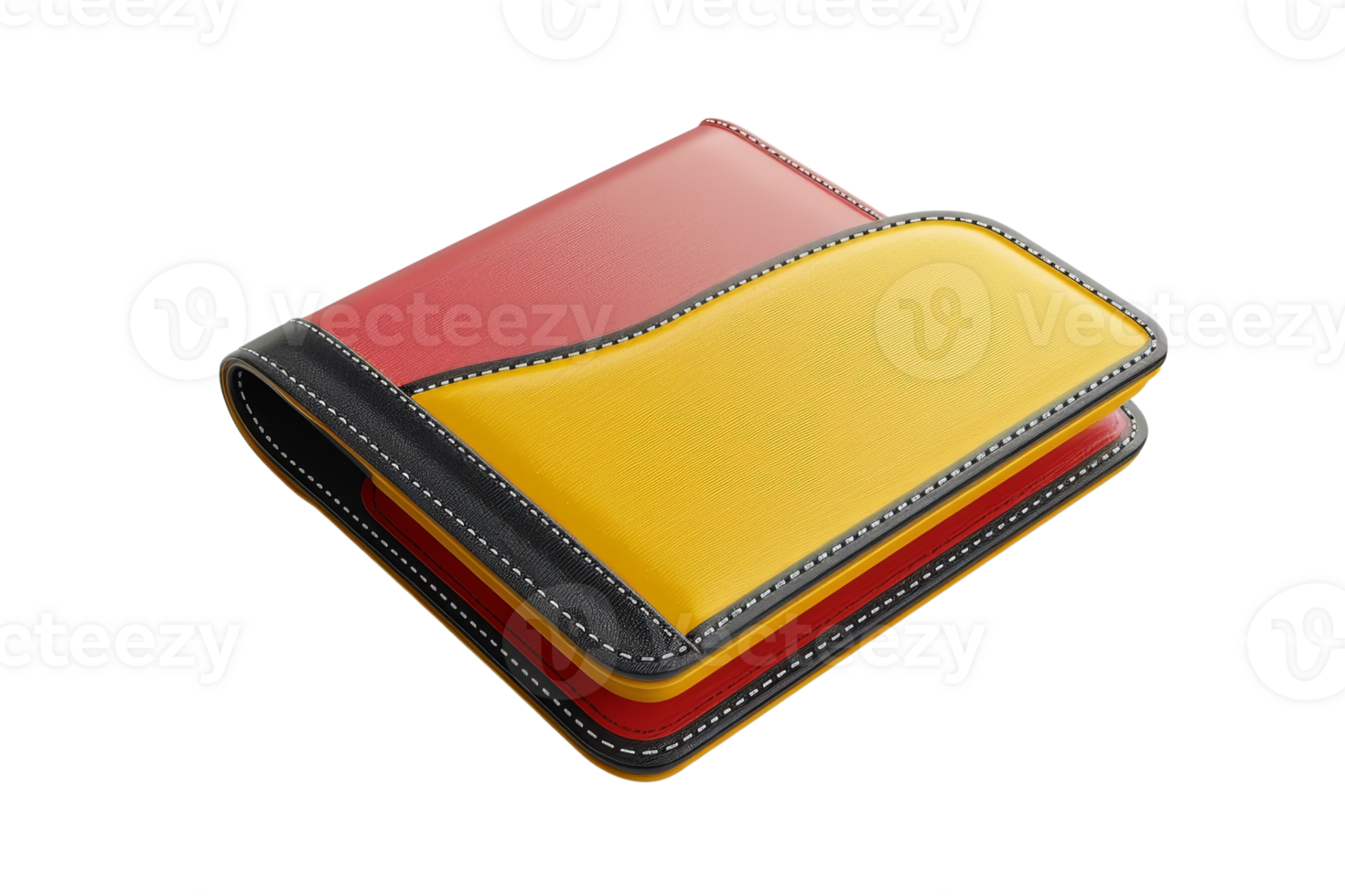 Colorful leather wallet with red and yellow sections, practical and stylish, isolated on transparent background. ideal for everyday use. png