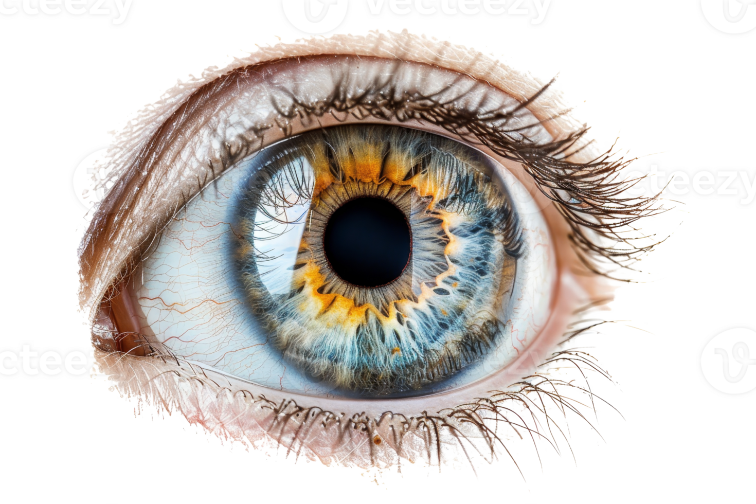 Close-up of a captivating blue and yellow human eye with detailed textures, highlighting the iris's intricate patterns and vibrant colors. png