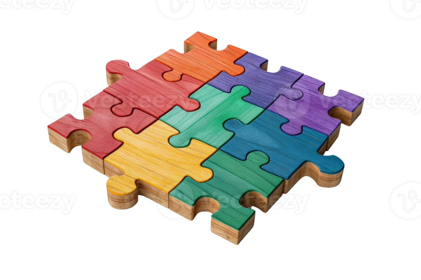 Colorful wooden jigsaw puzzle pieces fitting together, symbolizing teamwork, strategy, and problem-solving. Ideal for education and creativity concepts. png
