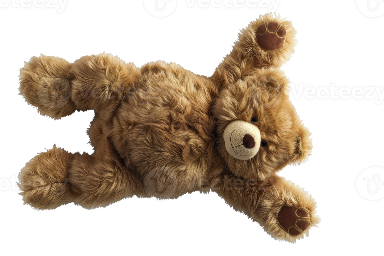 Cute fluffy brown teddy bear lying on its back with open arms on a transparent background. Perfect for children, toys, and gifting themes. png
