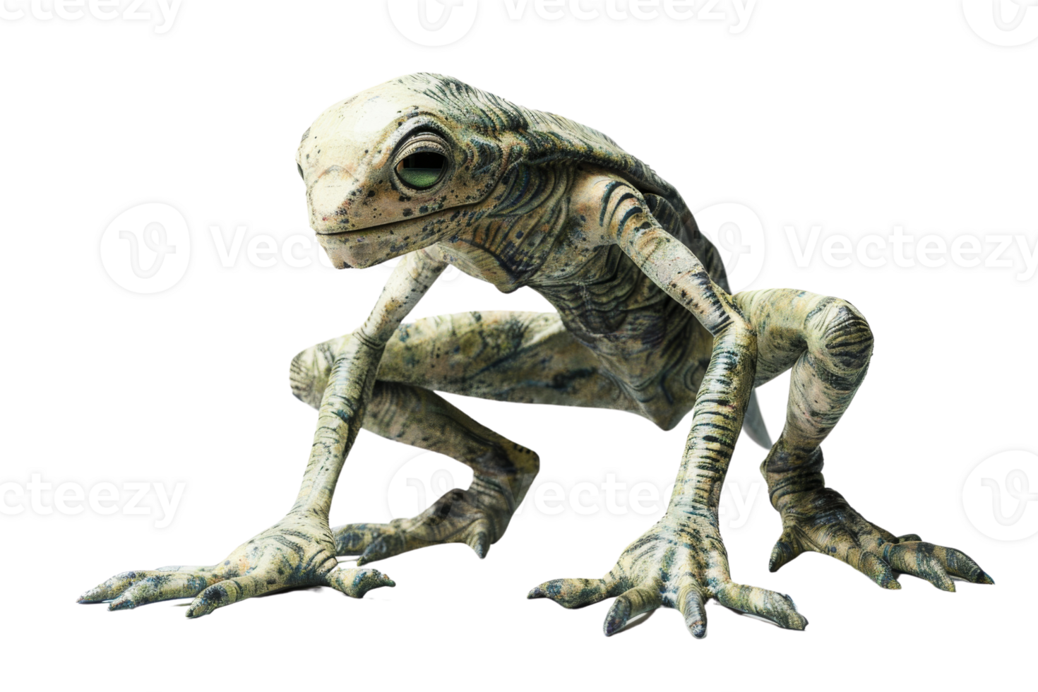 Fantasy creature resembling a lizard, with intricate patterns and large eyes, crouching in a natural pose. Ideal for sci-fi or fantasy themes. png