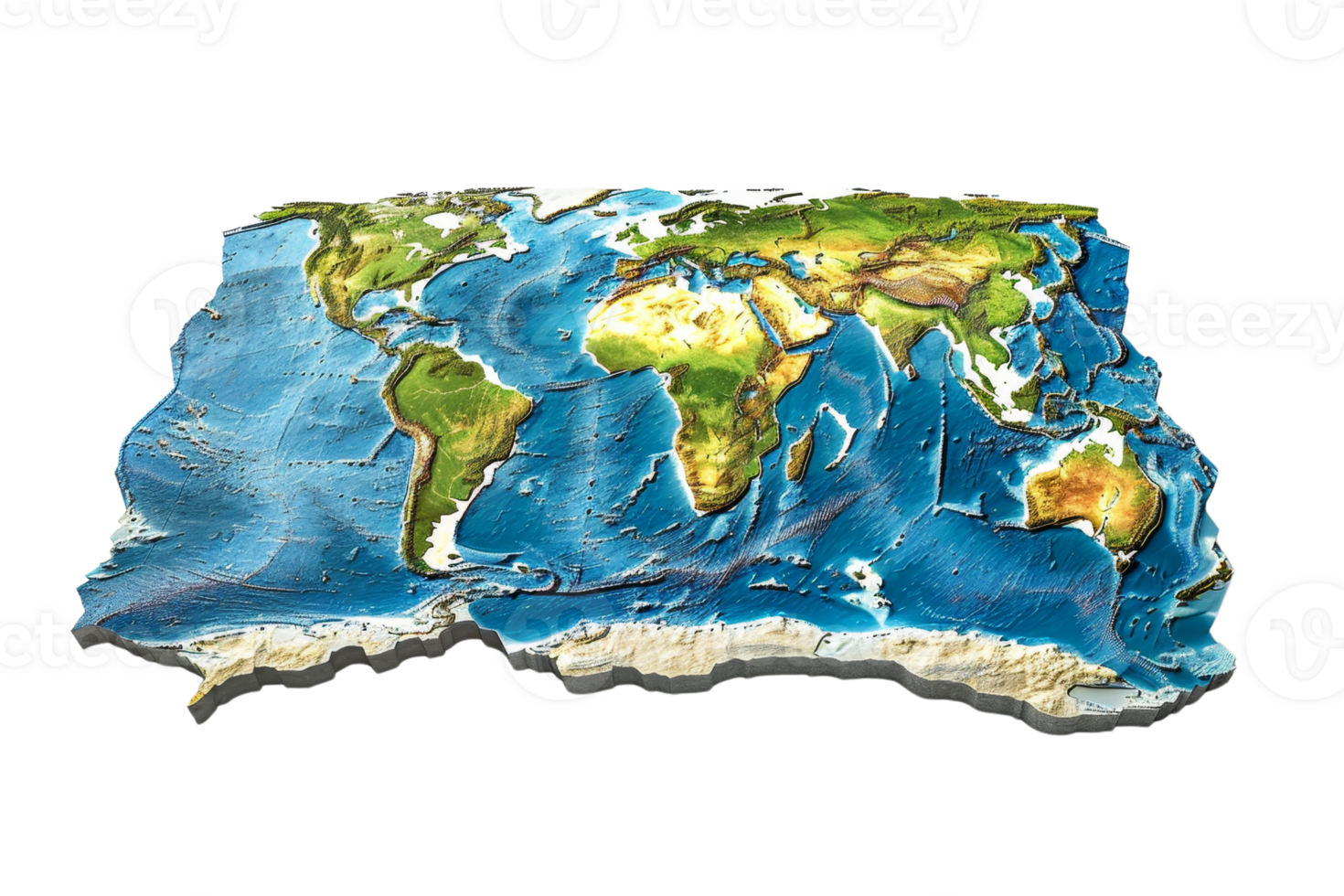 Detailed 3D physical map of the world highlighting continents, oceans, and elevation differences, providing a unique geographical perspective. png
