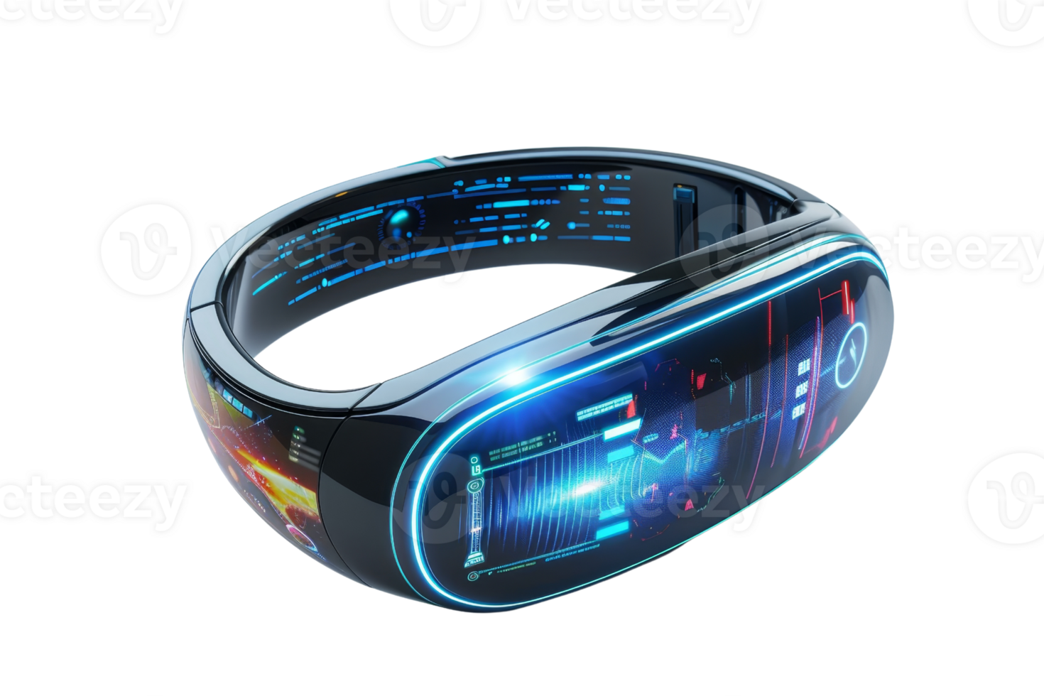 Futuristic smart bracelet with LED display showing digital data and health monitoring features, glowing with blue and red lights. png