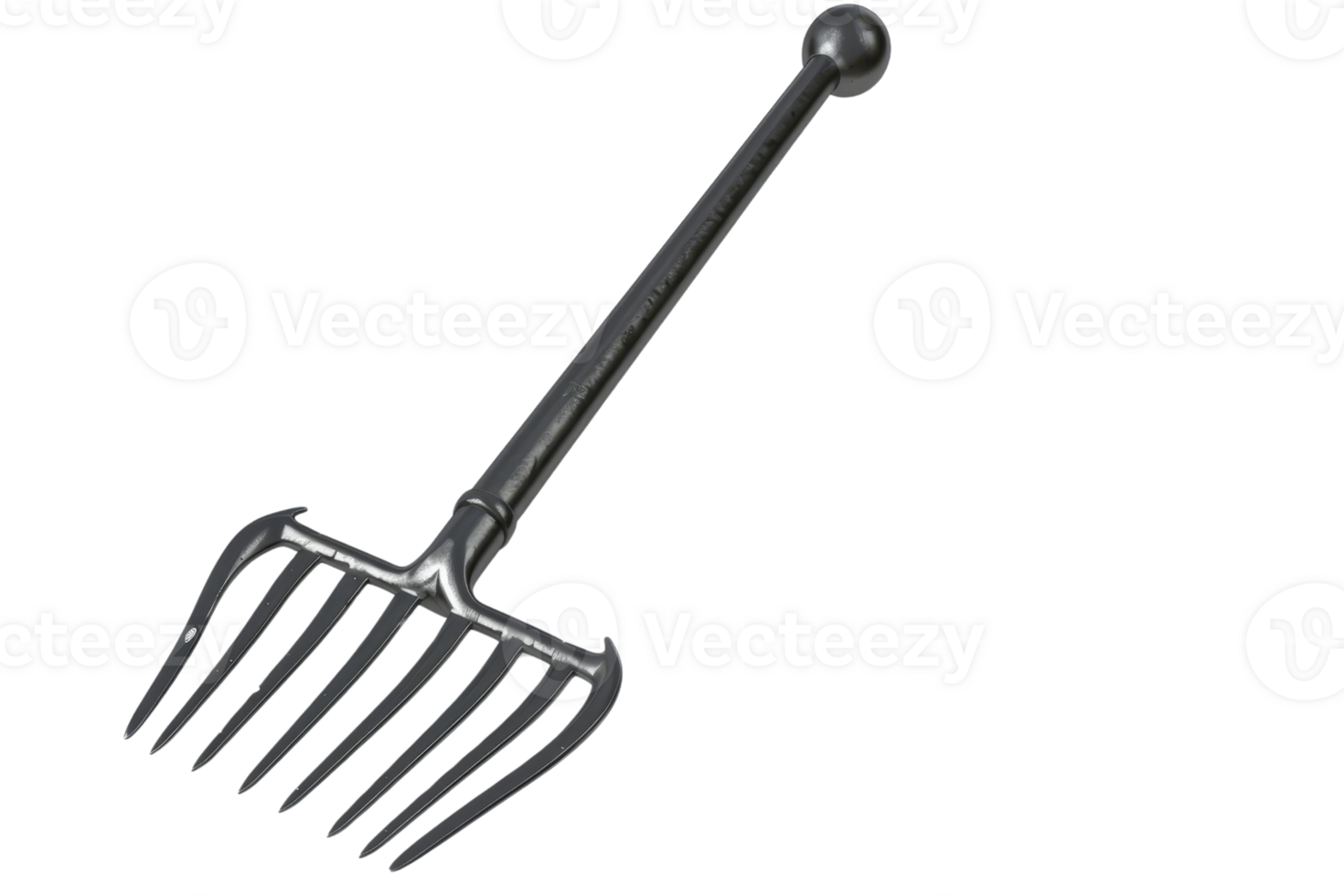 Black garden fork with seven prongs, ideal for gardening and farming. High-quality tool for soil aeration and cultivation. png