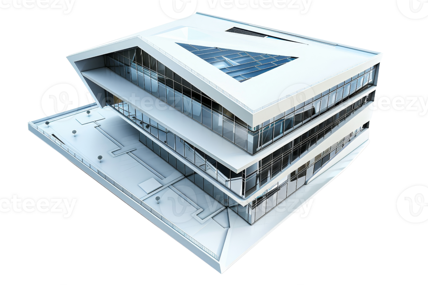 Modern, futuristic building design featuring large glass windows, sharp angles, and innovative architecture. Ideal for urban concept visuals. png