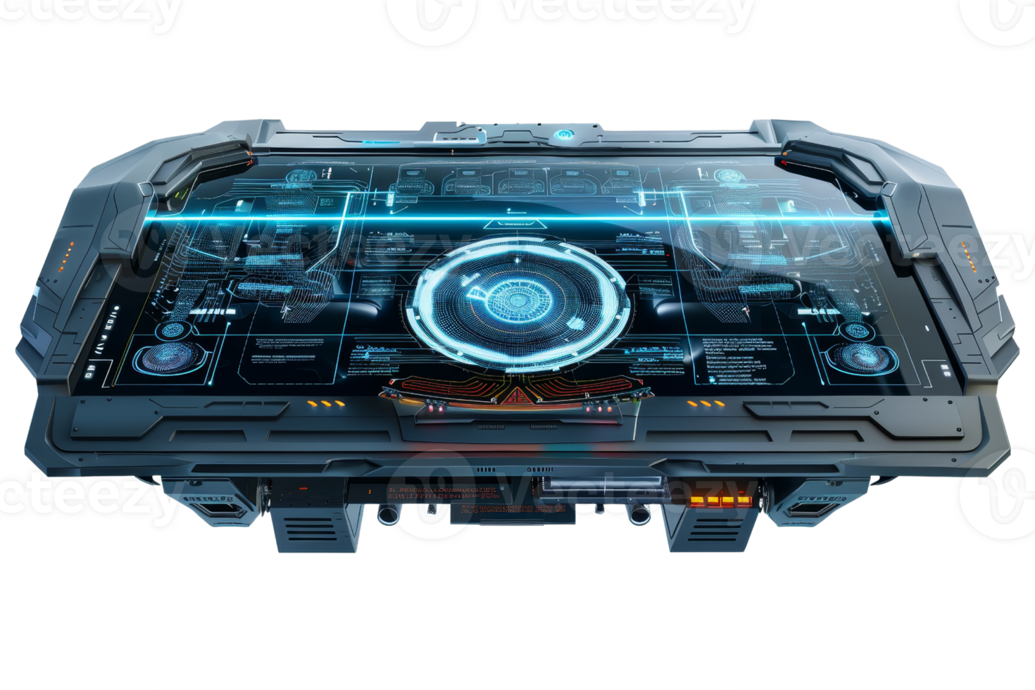 Futuristic digital interface on an advanced technology control panel with holographic blueprints and interactive elements, isolated on white. png