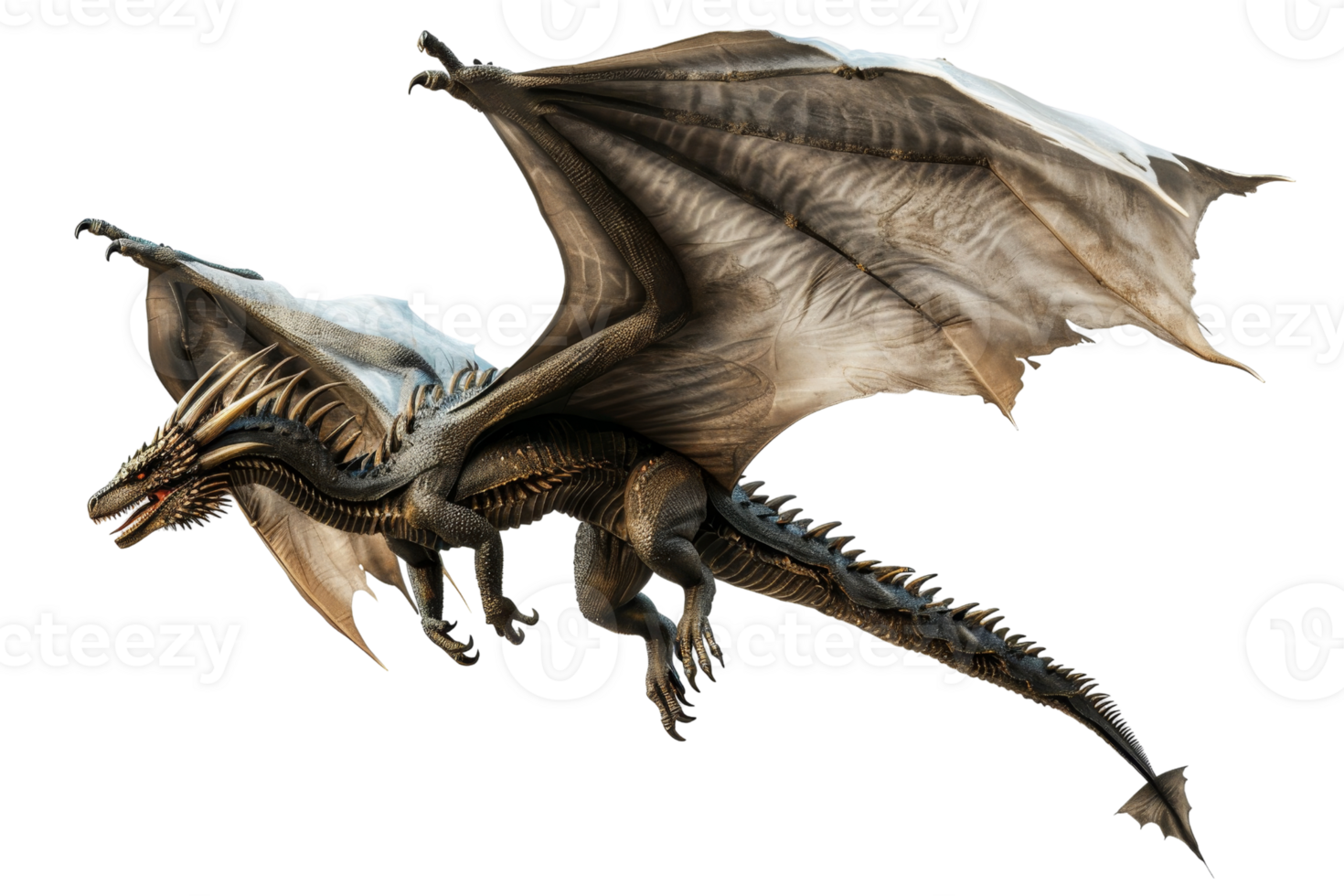 Majestic flying dragon with detailed scales and wings spread wide in mid-flight against a transparent background. png