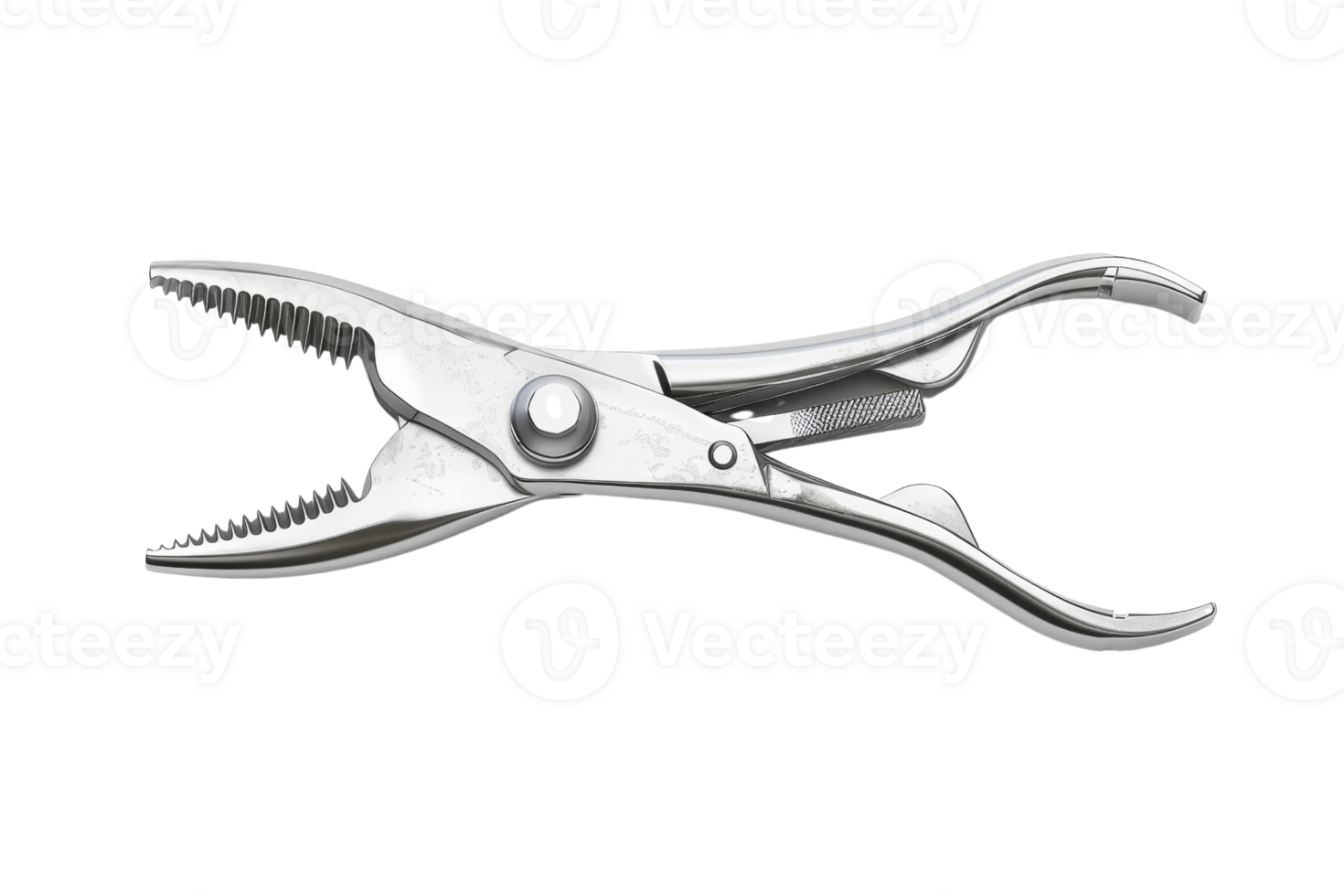A detailed image of a silver metal plier isolated on a transparent background. showcasing the intricate design and sharp teeth of the tool. png