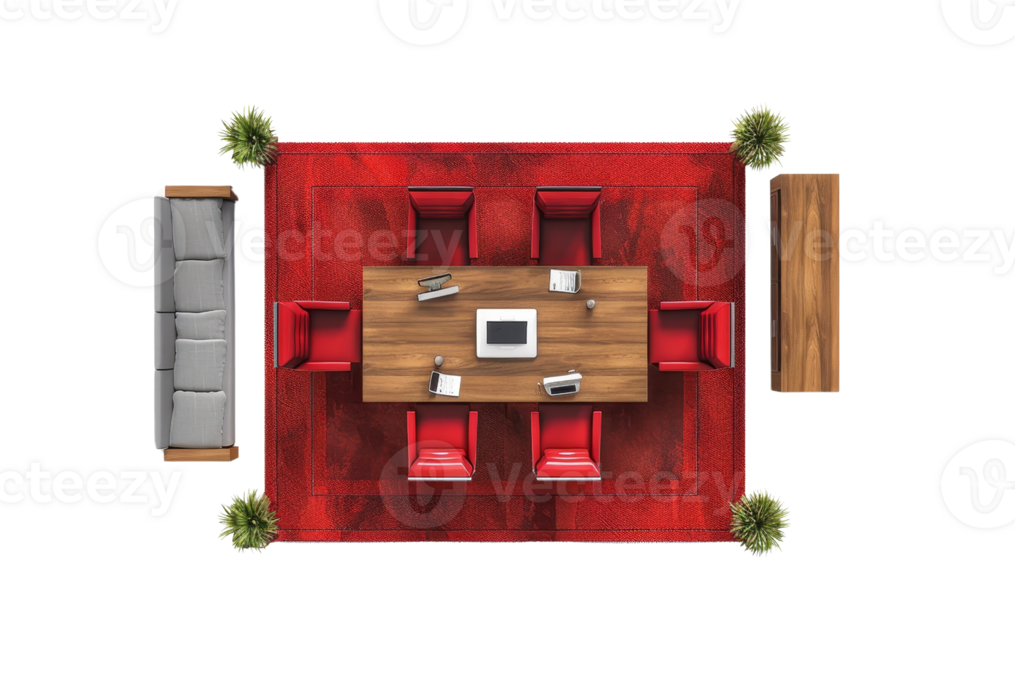 Top view of a modern office meeting room with a wooden table, red chairs, laptops, notebooks, and plants for a sophisticated workspace. png