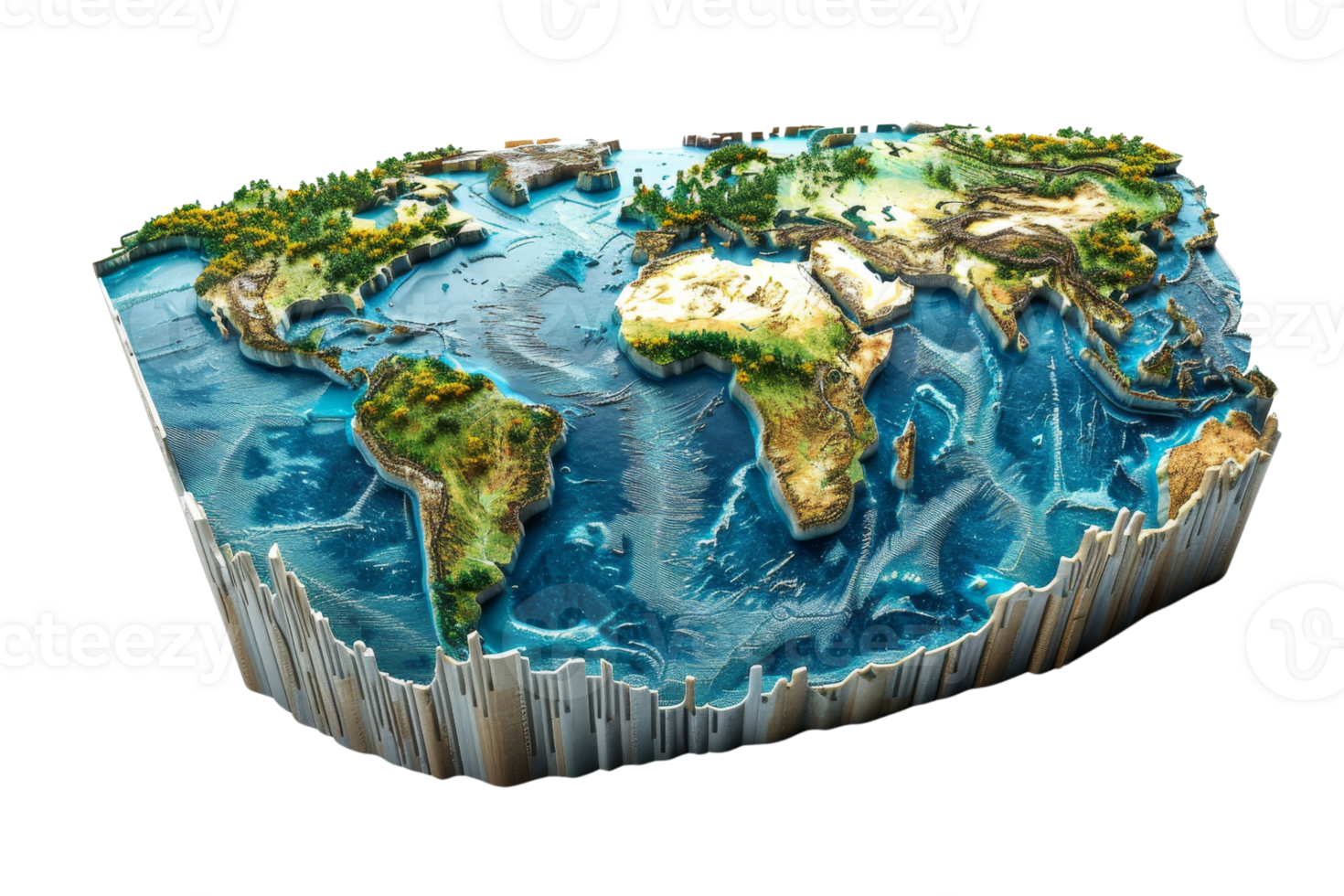 High detailed 3D topographic map of the world, showcasing continents and oceans with realistic elevation and terrain. png
