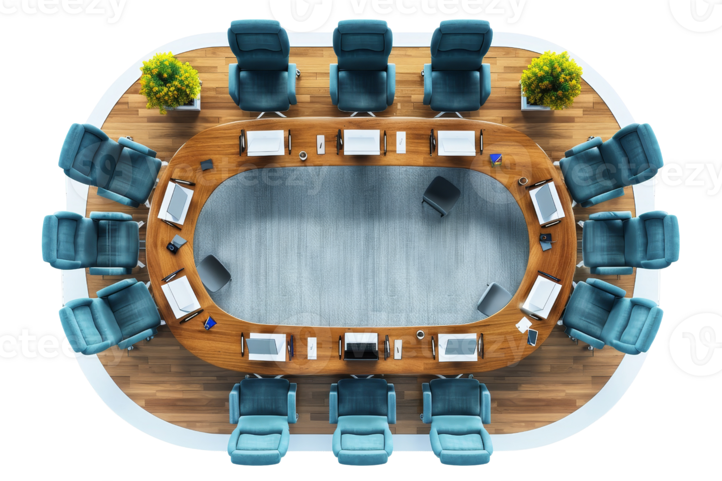 Top view of a modern conference room with a large oval table, chairs, laptops, and plants, creating a professional meeting environment. png