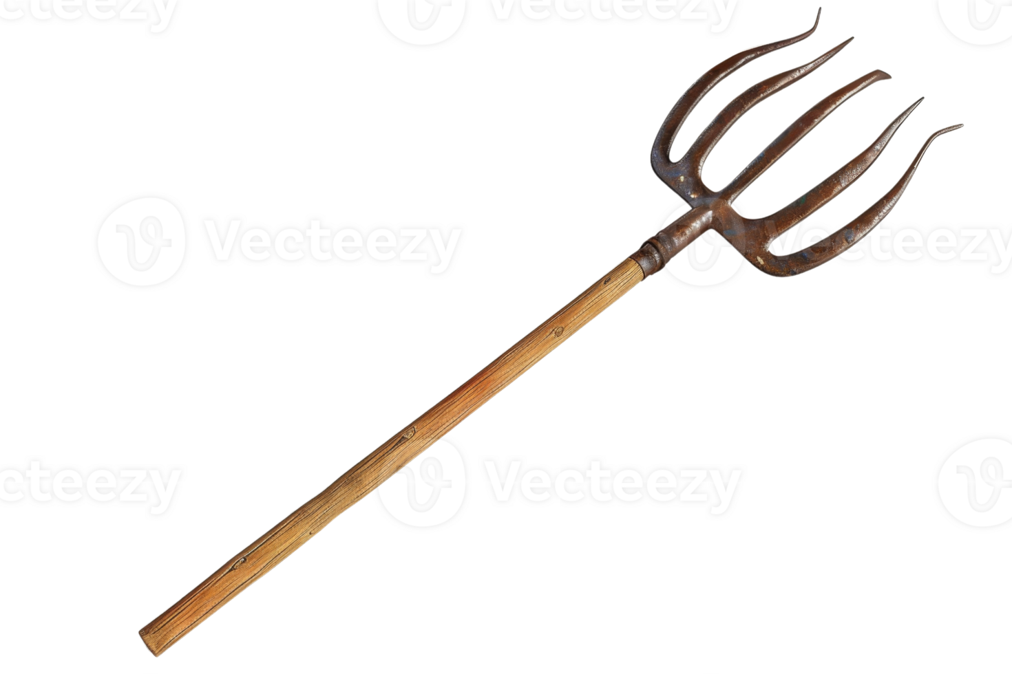 Rustic pitchfork with wooden handle and metal prongs, isolated on transparent background. Ideal for agricultural and garden work images. png