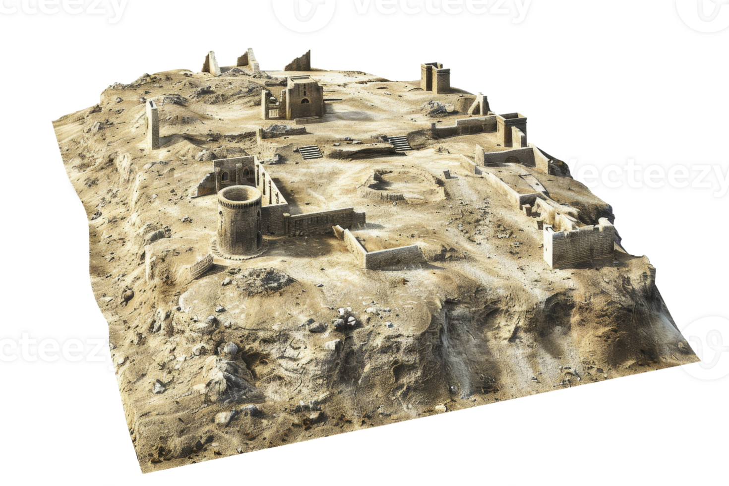 Top view of an ancient archaic ruins site model with scattered stone structures on a barren, rocky terrain depicting historical architecture. png