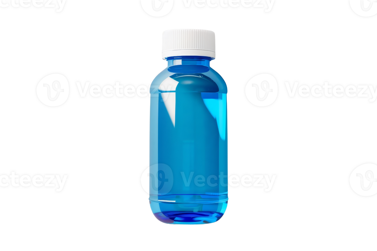 Clear blue plastic bottle with white cap, filled with a blue liquid. Perfect for medical, pharmaceutical, and healthcare stock images. png
