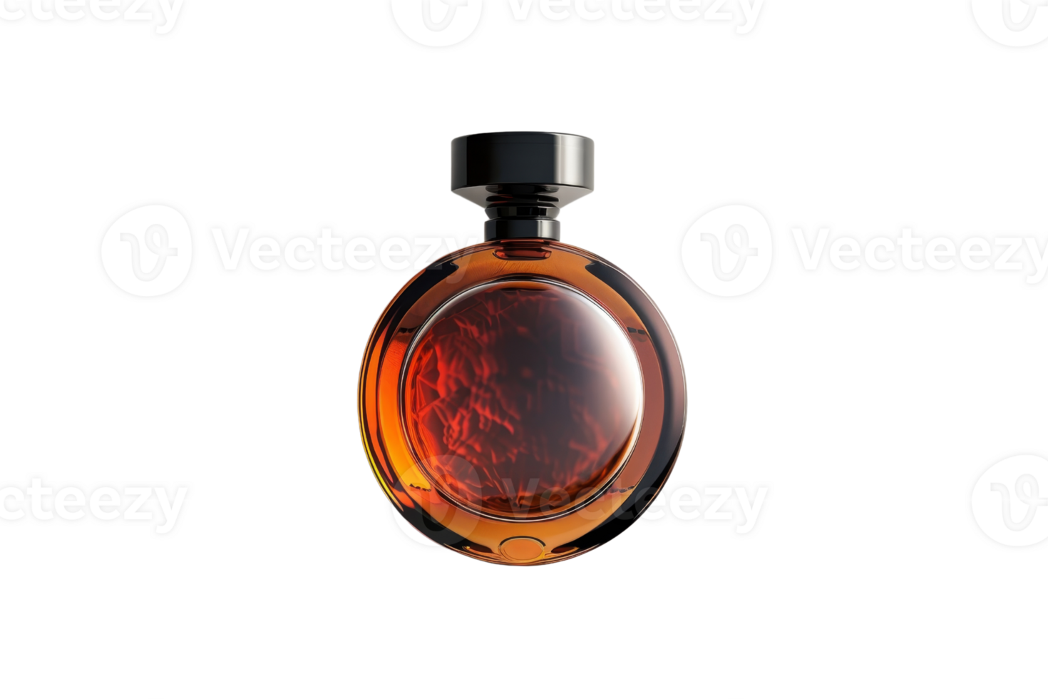 Elegant perfume bottle with a dark amber liquid, showcasing luxury and sophistication in a sleek round design against a clean background. png