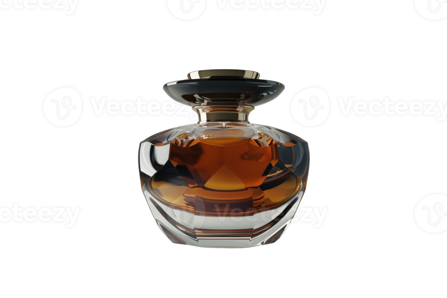 Elegant glass perfume bottle with dark amber liquid, beautifully designed and perfect for luxury fragrance and beauty themes. png