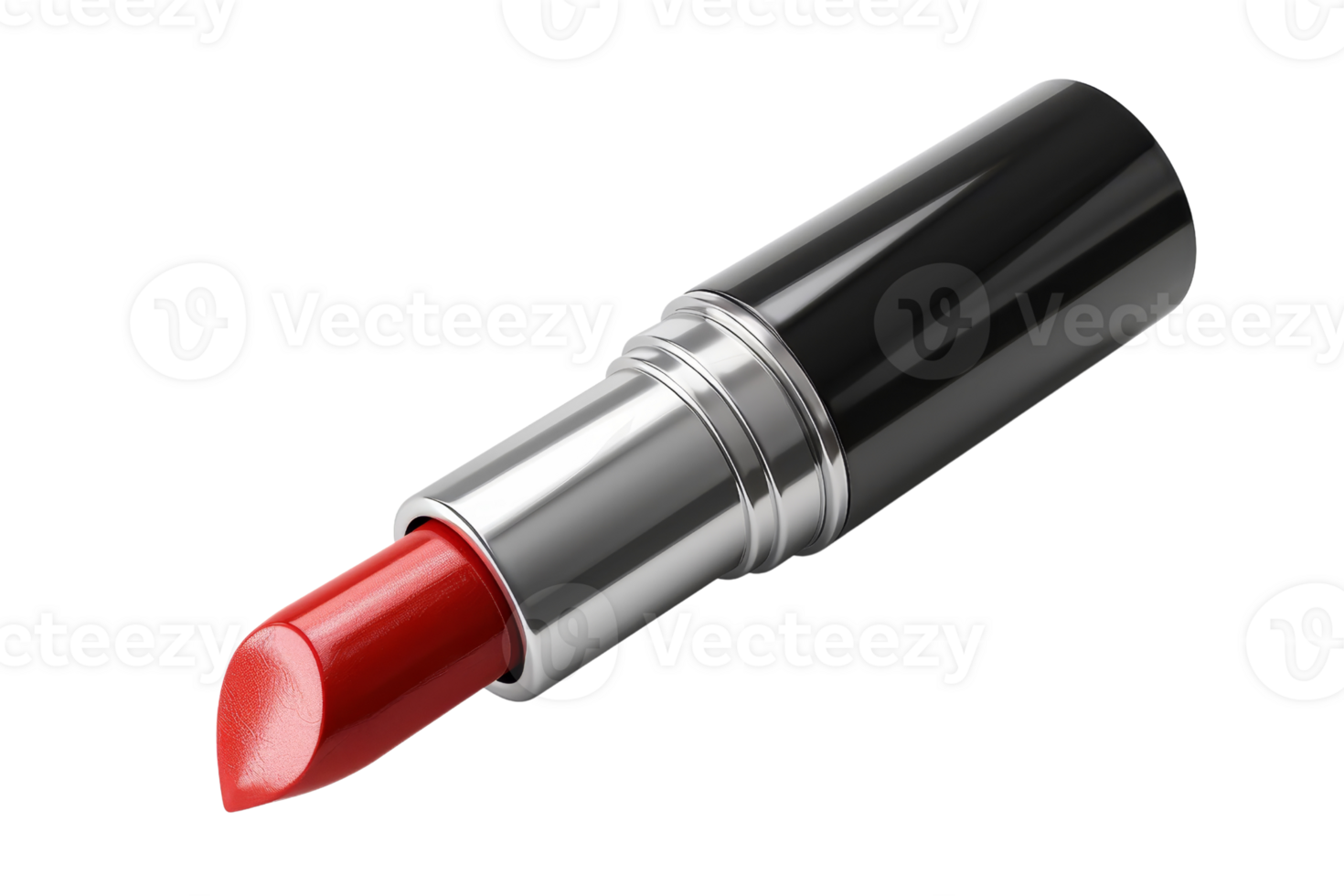 Close-up of a red lipstick in a sleek, black tube. Ideal for beauty products, fashion ads, and cosmetic branding. png