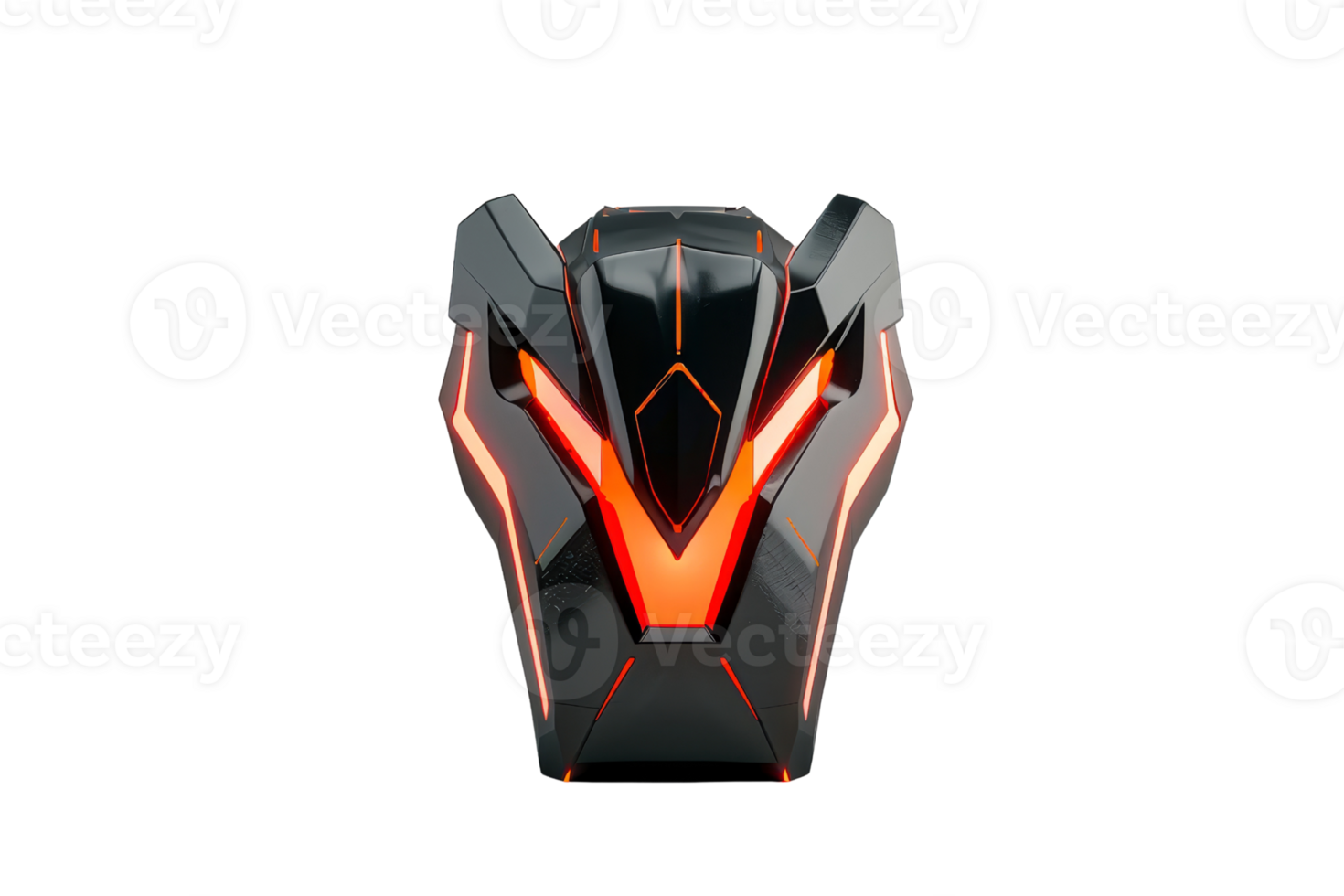 Futuristic black helmet with orange LED lights. High-tech design perfect for sci-fi themes, gaming, or technology advertisements. png