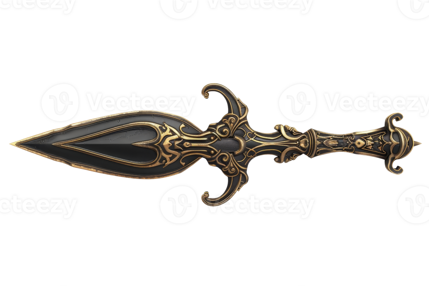 Intricately designed antique dagger with ornate gold and black detailing. Perfect for historical, fantasy, and medieval-themed projects. png