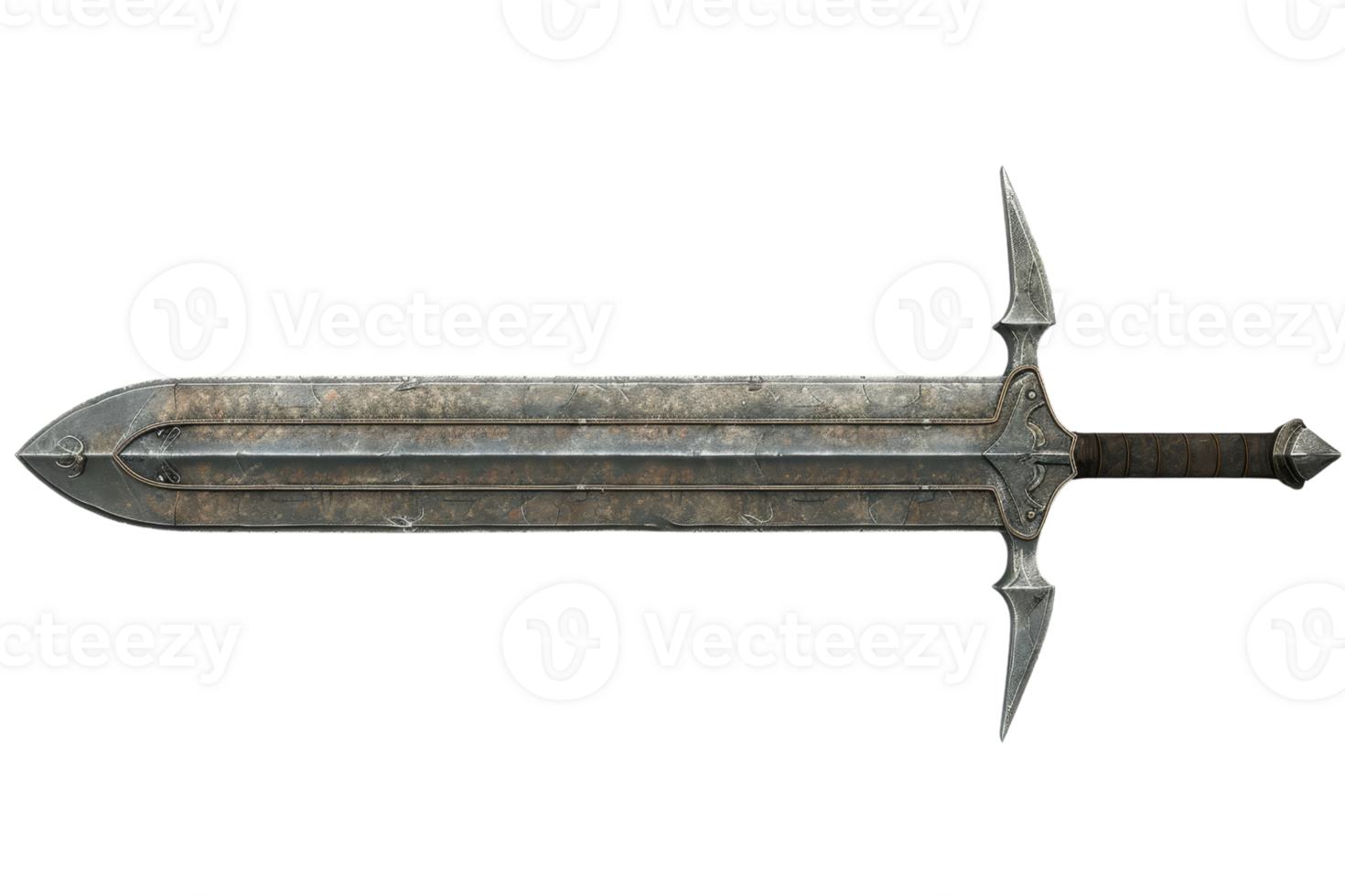 Medieval fantasy sword with intricate detailing and aged appearance, isolated on a transparent background, ready for design or illustration use. png