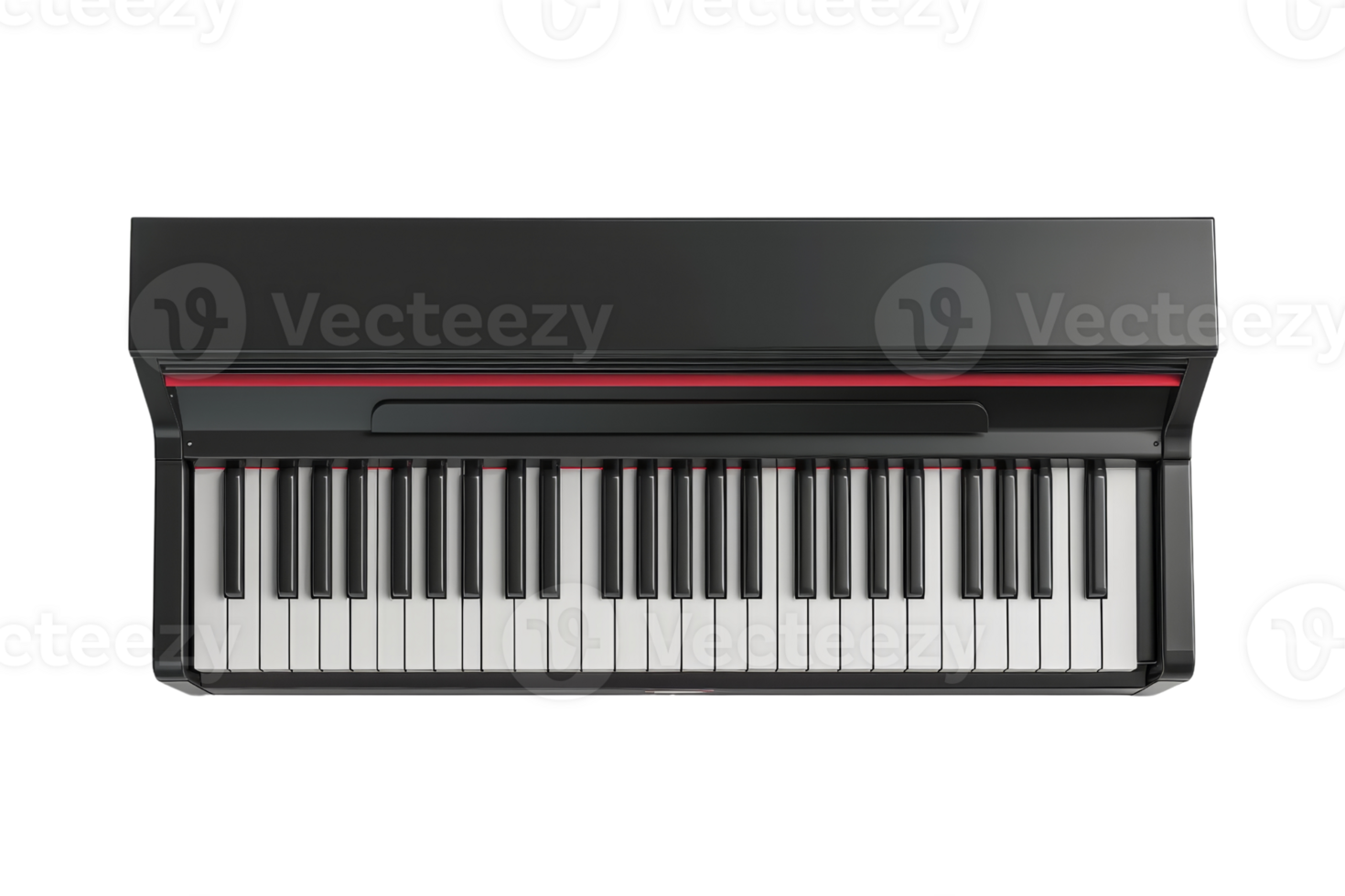 Top view of a black modern digital piano keyboard, perfect for music production, teaching, and performances, with realistic keys and sleek design. png