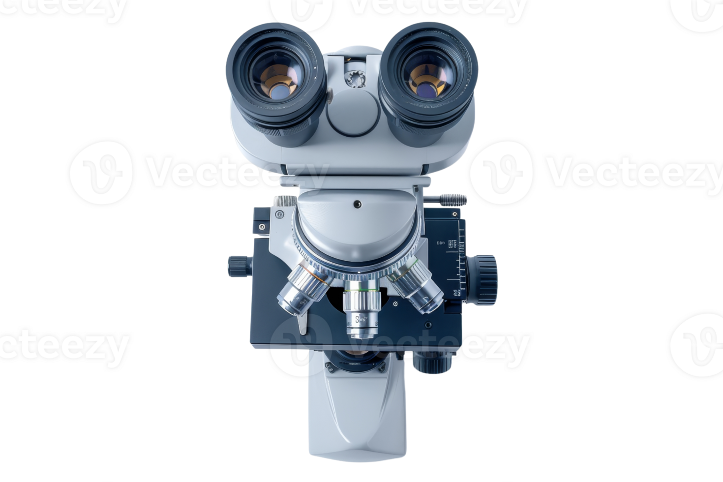 High-quality close-up of a modern optical microscope, essential for scientific research and laboratory analysis, on a transparent background. png