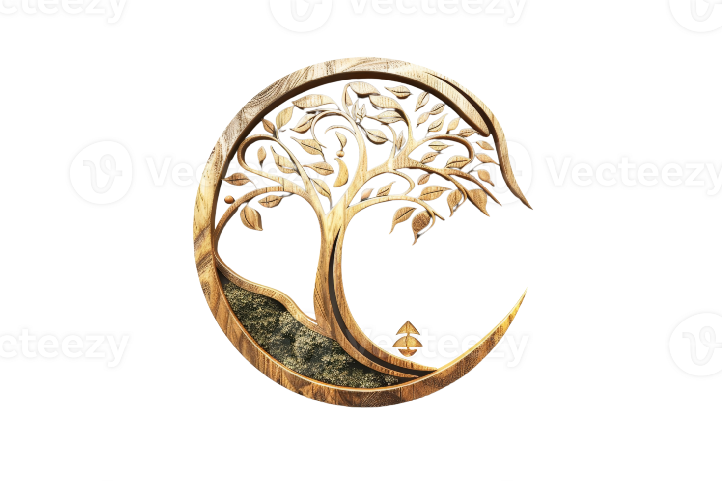Artistic logo featuring a tree with sprawling branches enclosed within a crescent, made of bronze or wood with a natural, rustic aesthetic. png