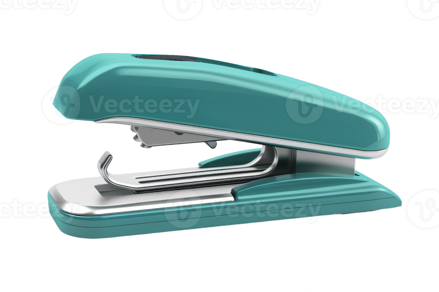 A close-up image of a modern teal stapler isolated on a transparent background. showcasing its sleek design and functionality for office use. png