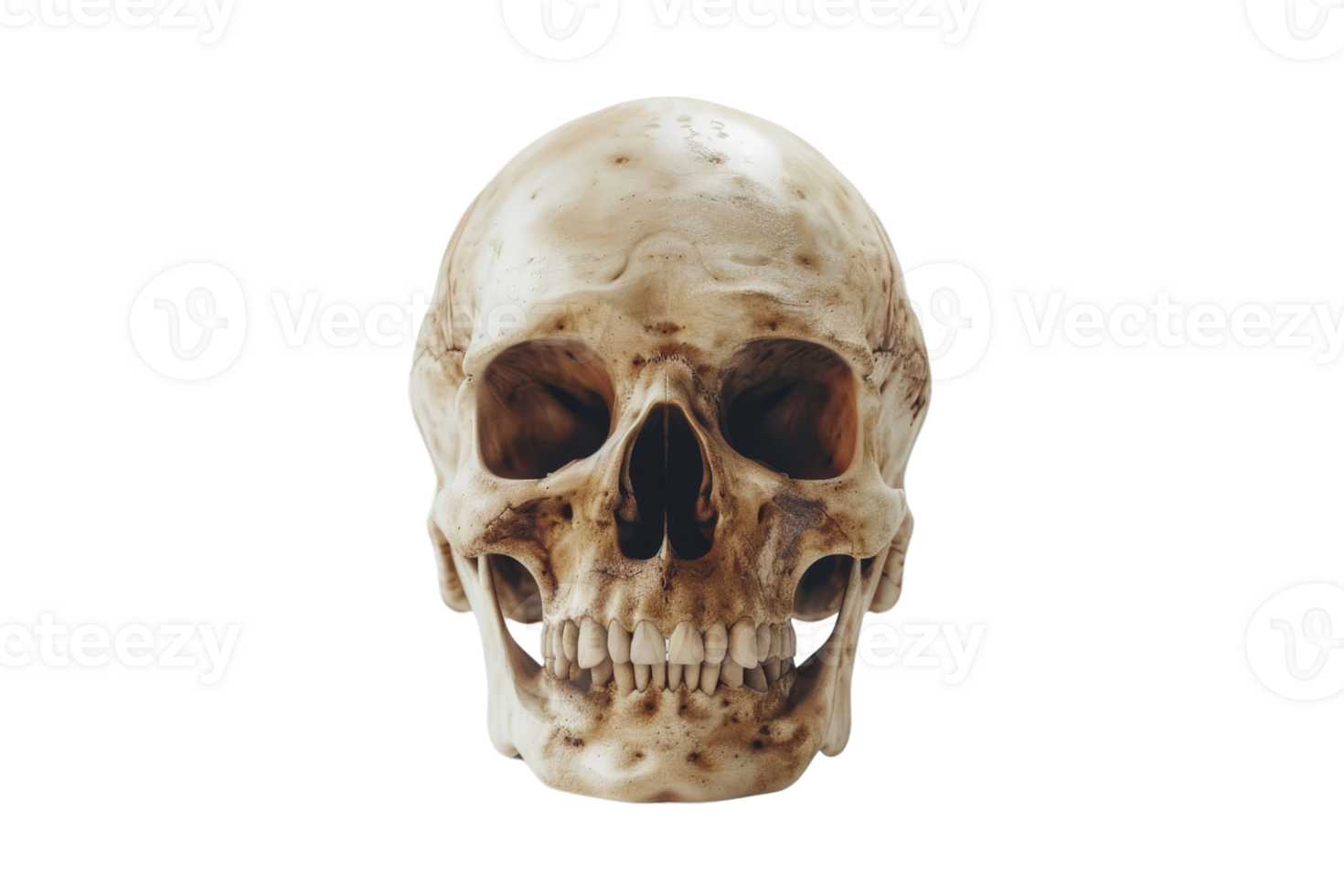 A detailed image of a real human skull, perfectly symmetrical and isolated on a transparent background. ideal for educational or artistic use. png